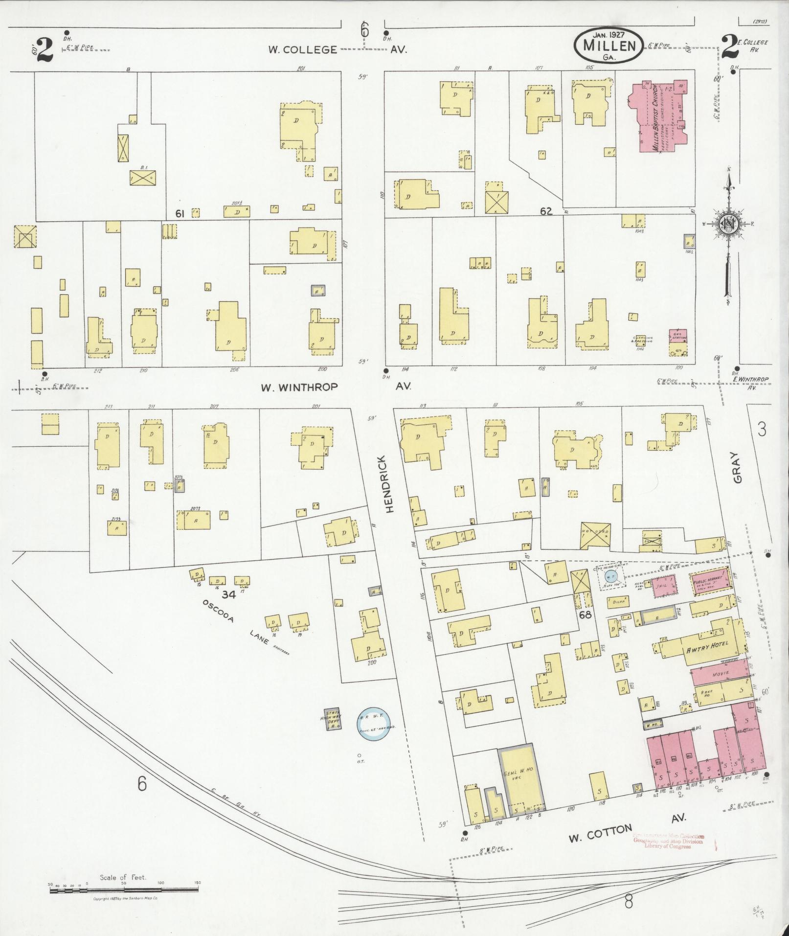 Sanborn Fire Insurance Map from Millen, Jenkins County, Georgia (1927), Sheet #0002 - Historic Sanborn Fire Insurance Map Print, vintage old map wall art, antique decor, genealogy gift, Georgia Georgia map