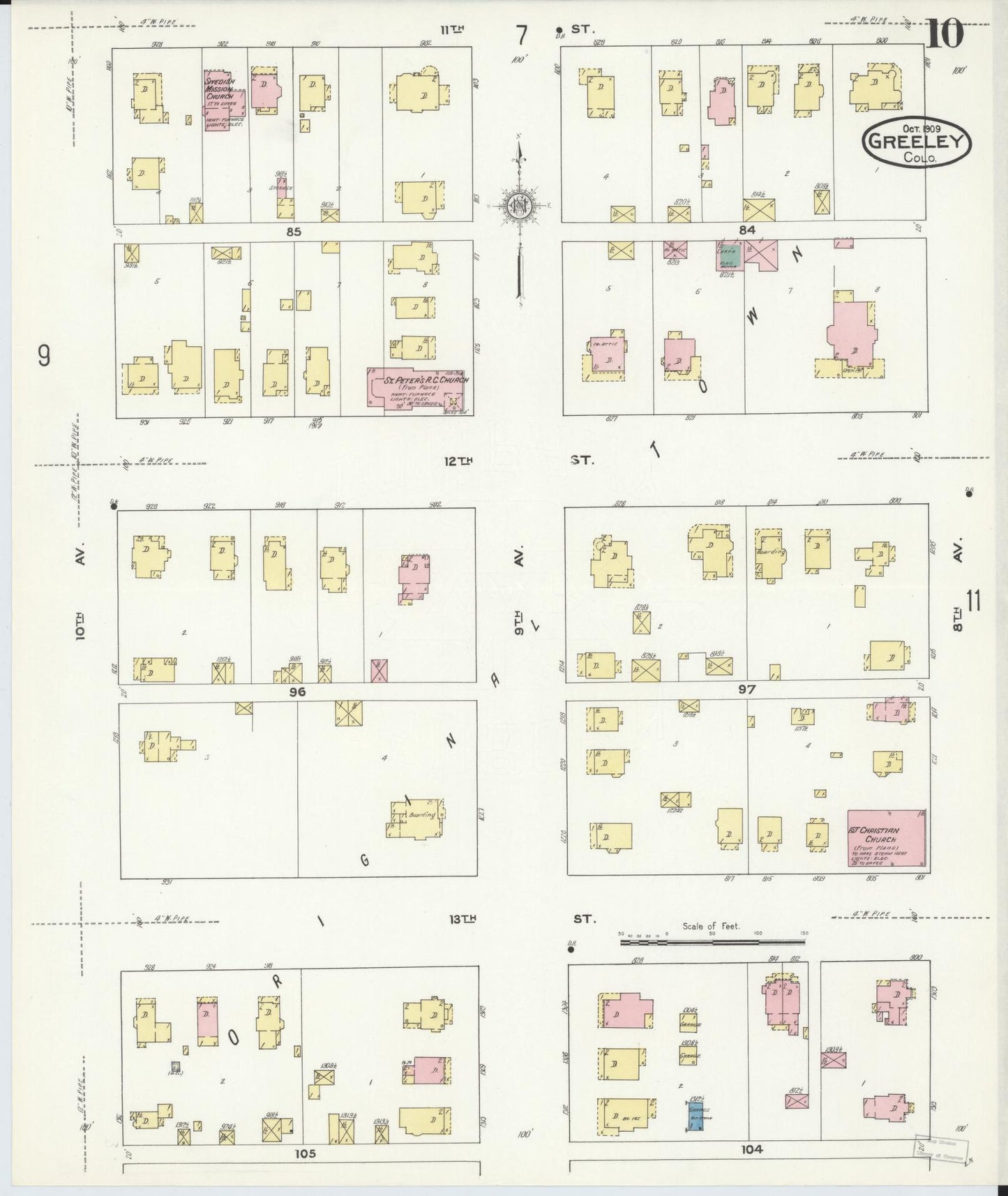 Sanborn Fire Insurance Map from Greeley, Weld County, Colorado (1909), Sheet #0010 - Historic Sanborn Fire Insurance Map Print, vintage old map wall art, antique decor, genealogy gift, Colorado Colorado map