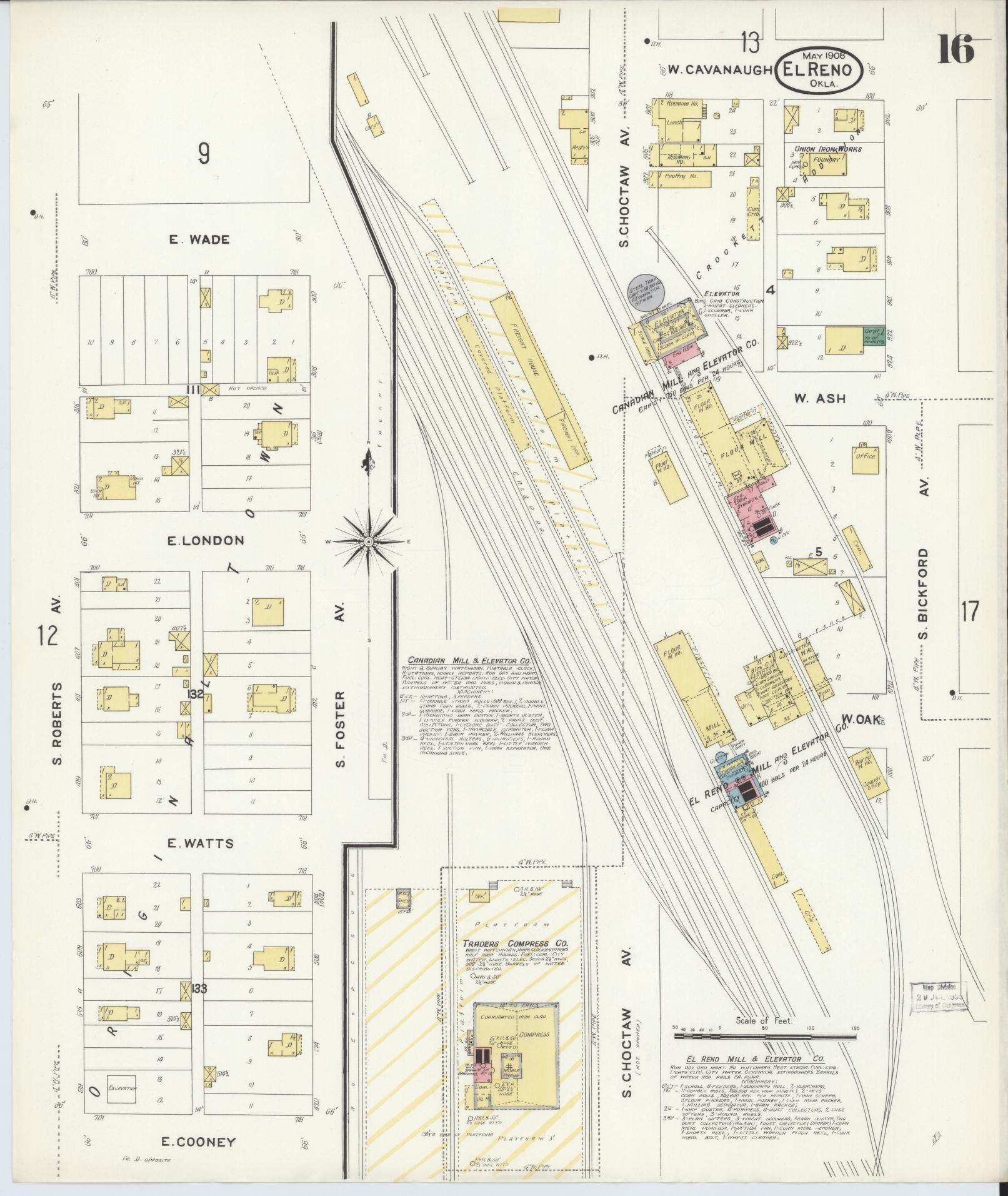 Sanborn Fire Insurance Map from El Reno, Canadian County, Oklahoma (1908), Sheet #0016 - Historic Sanborn Fire Insurance Map Print, vintage old map wall art, antique decor, genealogy gift, Oklahoma Oklahoma map