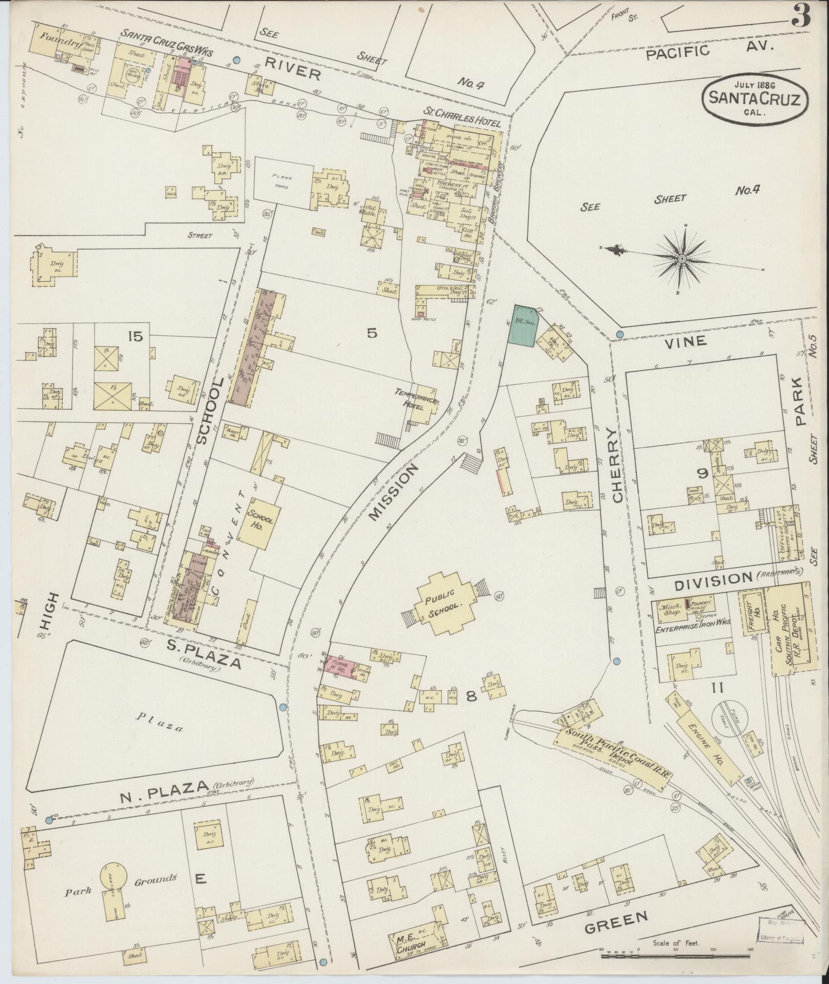 Sanborn Fire Insurance Map from Santa Cruz, Santa Cruz County, California (1886), Sheet #0003 - Complete Map Set gallery image, historic Sanborn map, vintage wall art, California California
