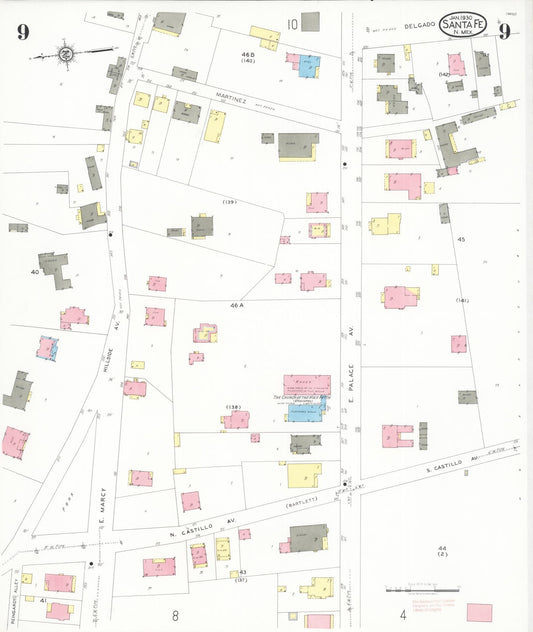 Sanborn Fire Insurance Map from Santa Fe, Santa Fe County, New Mexico (1930), Sheet #0009 - Historic Sanborn Fire Insurance Map Print, vintage old map wall art, antique decor, genealogy gift, New Mexico New Mexico map