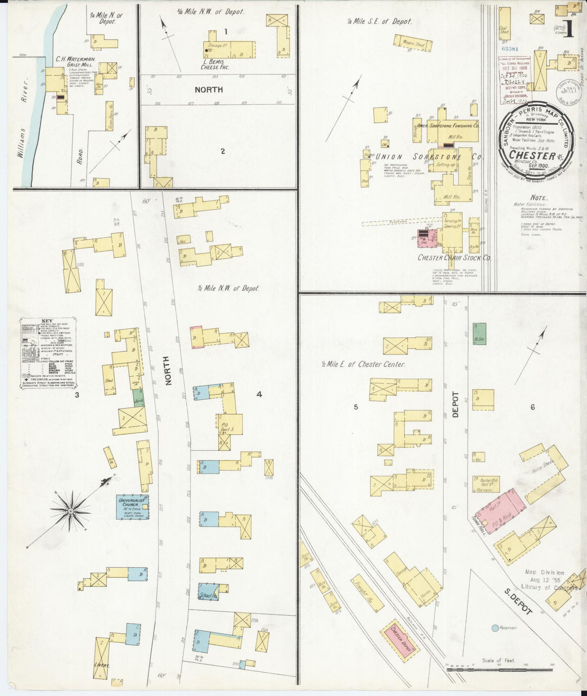 Sanborn Fire Insurance Map from Chester, Windsor County, Vermont (1900), Sheet #0001 - Historic Sanborn Fire Insurance Map Print, vintage old map wall art, antique decor, genealogy gift, Vermont Vermont map