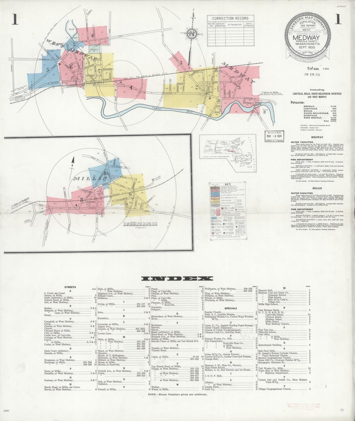 Sanborn Fire Insurance Map from Medway, Norfolk County, Massachusetts (1933), Sheet #0001 - Complete Map Set gallery image, historic Sanborn map, vintage wall art, Massachusetts Massachusetts