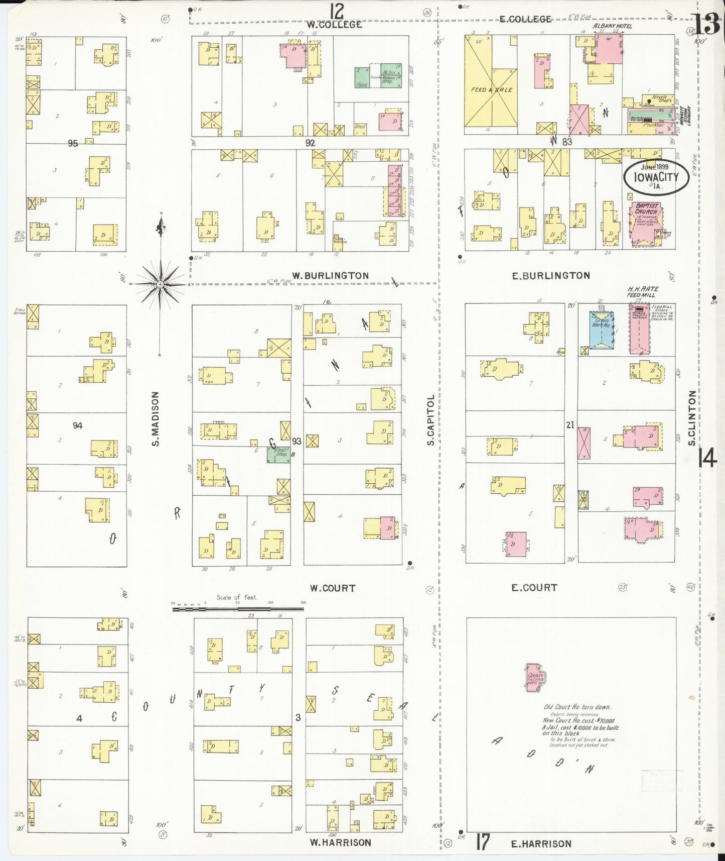 Sanborn Fire Insurance Map from Iowa City, Johnson County, Iowa (1899), Sheet #0013 - Historic Sanborn Fire Insurance Map Print, vintage old map wall art