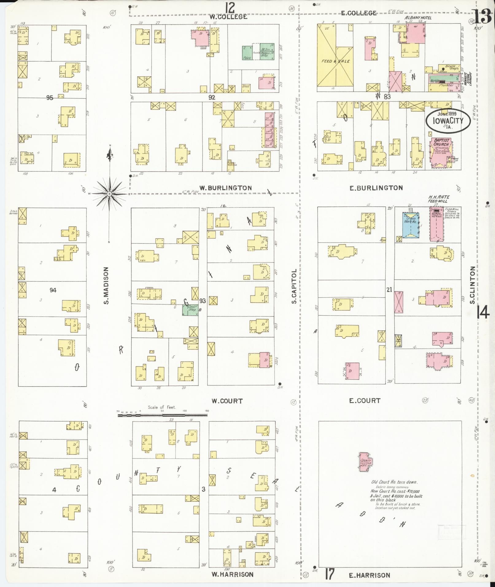 Sanborn Fire Insurance Map from Iowa City, Johnson County, Iowa (1899), Sheet #0013 - Historic Sanborn Fire Insurance Map Print, vintage old map wall art