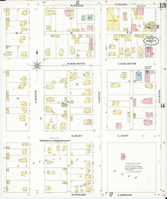 Sanborn Fire Insurance Map from Iowa City, Johnson County, Iowa (1899), Sheet #0013 - Historic Sanborn Fire Insurance Map Print, vintage old map wall art
