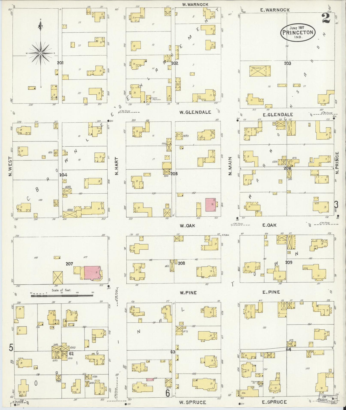 Sanborn Fire Insurance Map from Princeton, Gibson County, Indiana (1907), Sheet #0002 - Historic Sanborn Fire Insurance Map Print, vintage old map wall art, antique decor, genealogy gift, Indiana Indiana map