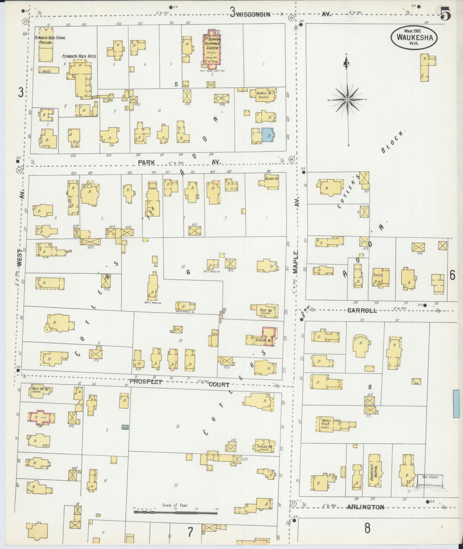 Sanborn Fire Insurance Map from Waukesha, Waukesha County, Wisconsin (1901), Sheet #0005 - Historic Sanborn Fire Insurance Map Print, vintage old map wall art, antique decor, genealogy gift, Wisconsin Wisconsin map