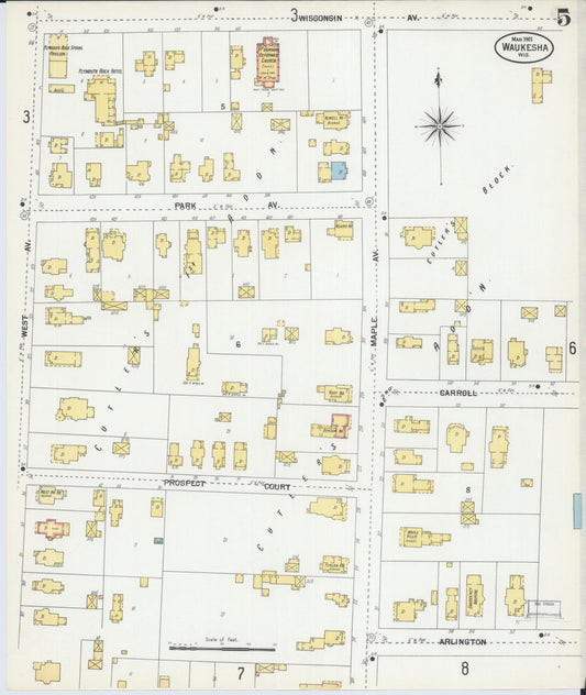 Sanborn Fire Insurance Map from Waukesha, Waukesha County, Wisconsin (1901), Sheet #0005 - Historic Sanborn Fire Insurance Map Print, vintage old map wall art, antique decor, genealogy gift, Wisconsin Wisconsin map
