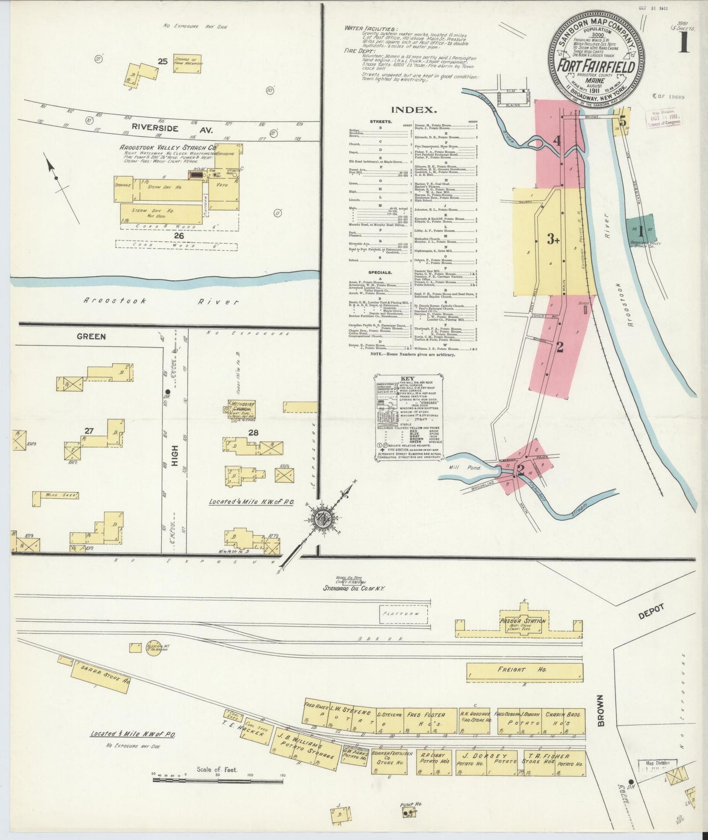Sanborn Fire Insurance Map from Fort Fairfield, Aroostook County, Maine (1911), Sheet #0001 - Historic Sanborn Fire Insurance Map Print, vintage old map wall art, antique decor, genealogy gift, Maine Maine map