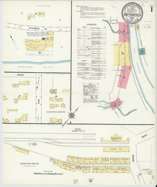 Sanborn Fire Insurance Map from Fort Fairfield, Aroostook County, Maine (1911), Sheet #0001 - Historic Sanborn Fire Insurance Map Print, vintage old map wall art, antique decor, genealogy gift, Maine Maine map