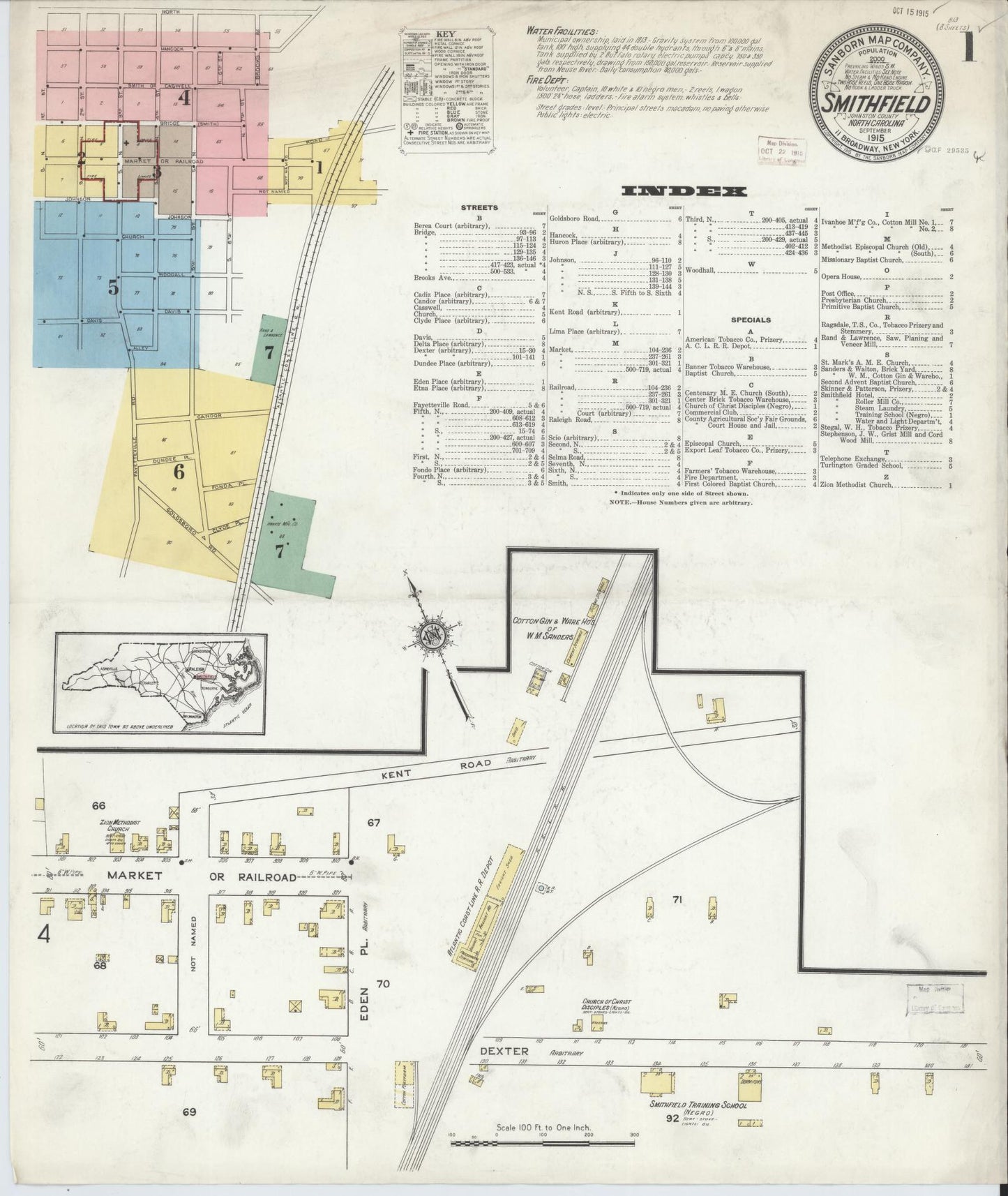 Sanborn Fire Insurance Map from Smithfield, Johnston County, North Carolina (1915), Sheet #0001 - Complete Map Set gallery image, historic Sanborn map, vintage wall art, North Carolina North Carolina