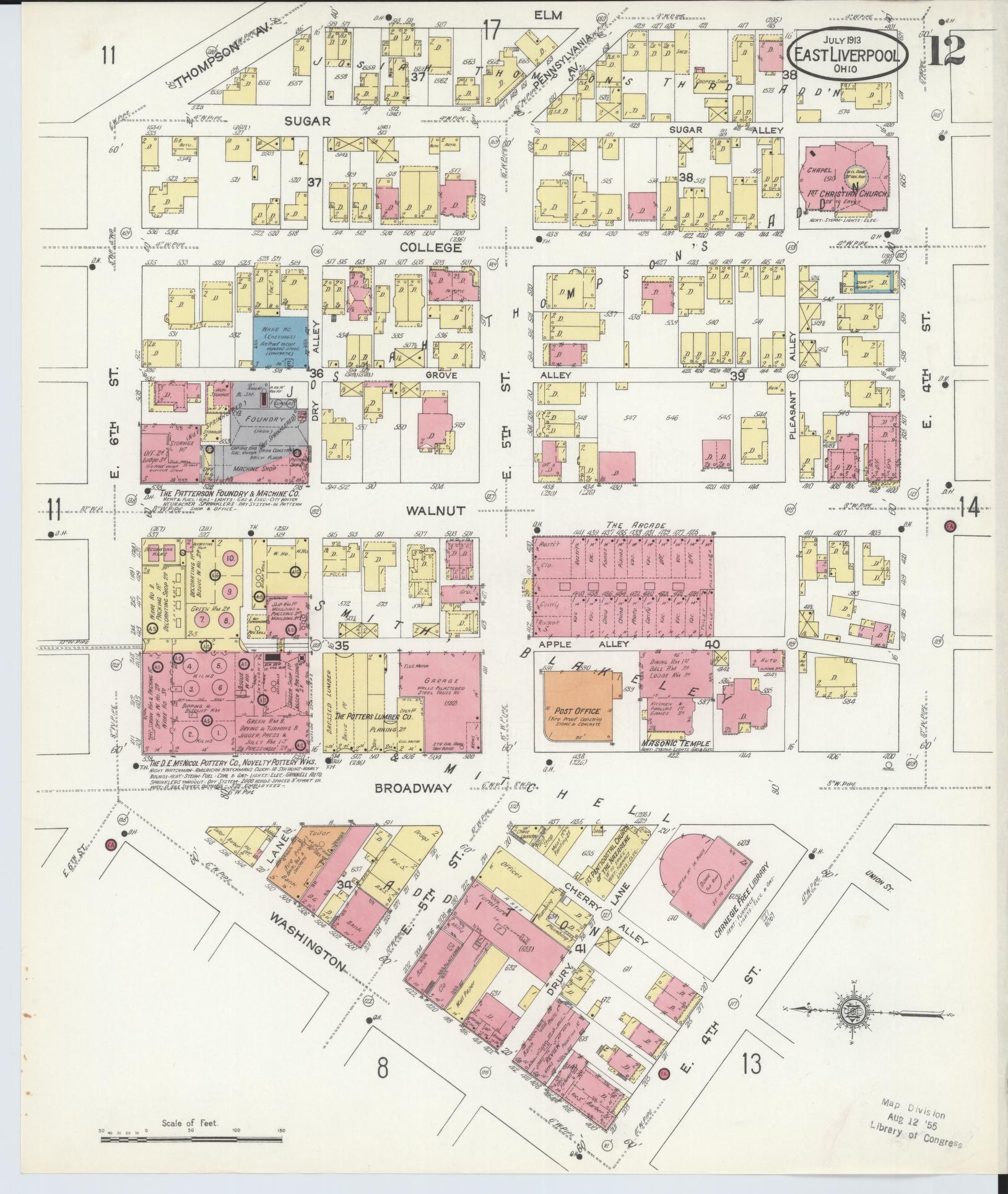 Sanborn Fire Insurance Map from East Liverpool, Columbiana County, Ohio (1913), Sheet #0012 - Historic Sanborn Fire Insurance Map Print, vintage old map wall art, antique decor, genealogy gift, Ohio Ohio map