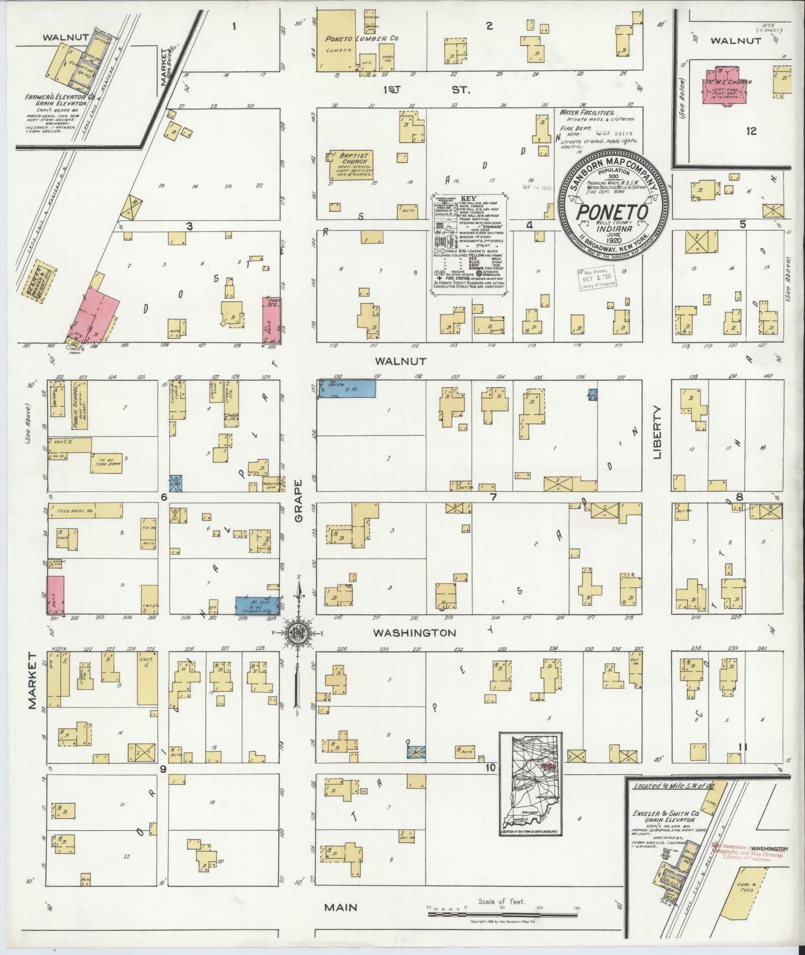 Sanborn Fire Insurance Map from Poneto, Wells County, Indiana (1920), Sheet #0001 - Historic Sanborn Fire Insurance Map Print, vintage old map wall art, antique decor, genealogy gift, Indiana Indiana map
