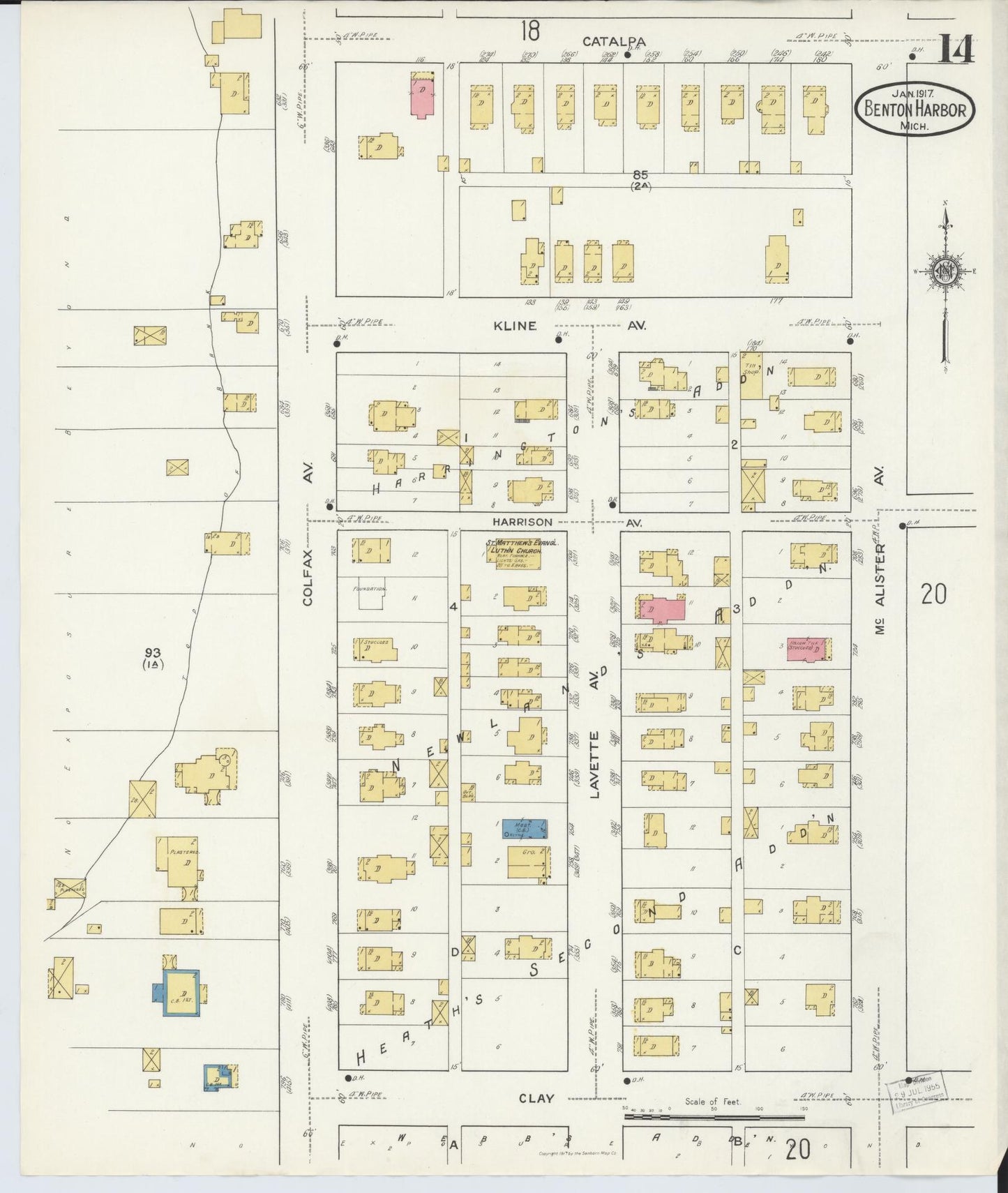 Sanborn Fire Insurance Map from Benton Harbor, Berrien County, Michigan (1917), Sheet #0014 - Complete Map Set gallery image, historic Sanborn map, vintage wall art, Michigan Michigan
