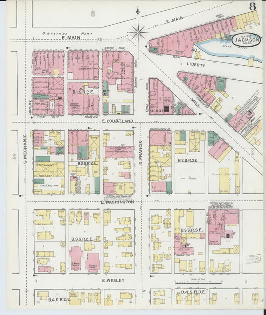 Sanborn Fire Insurance Map from Jackson, Jackson County, Michigan (1893), Sheet #0008 - Historic Sanborn Fire Insurance Map Print, vintage old map wall art, antique decor, genealogy gift, Michigan Michigan map