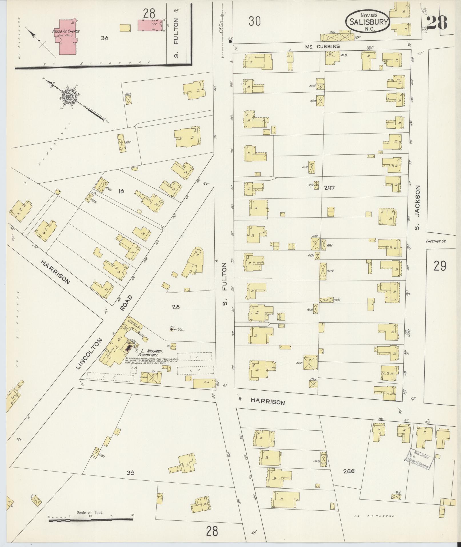 Sanborn Fire Insurance Map from Salisbury, Rowan County, North Carolina (1913), Sheet #0028 - Historic Sanborn Fire Insurance Map Print, vintage old map wall art, antique decor, genealogy gift, North Carolina North Carolina map