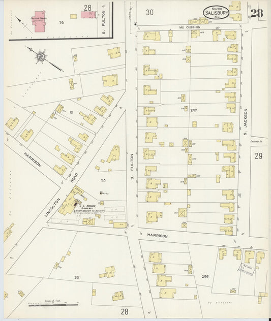 Sanborn Fire Insurance Map from Salisbury, Rowan County, North Carolina (1913), Sheet #0028 - Historic Sanborn Fire Insurance Map Print, vintage old map wall art, antique decor, genealogy gift, North Carolina North Carolina map