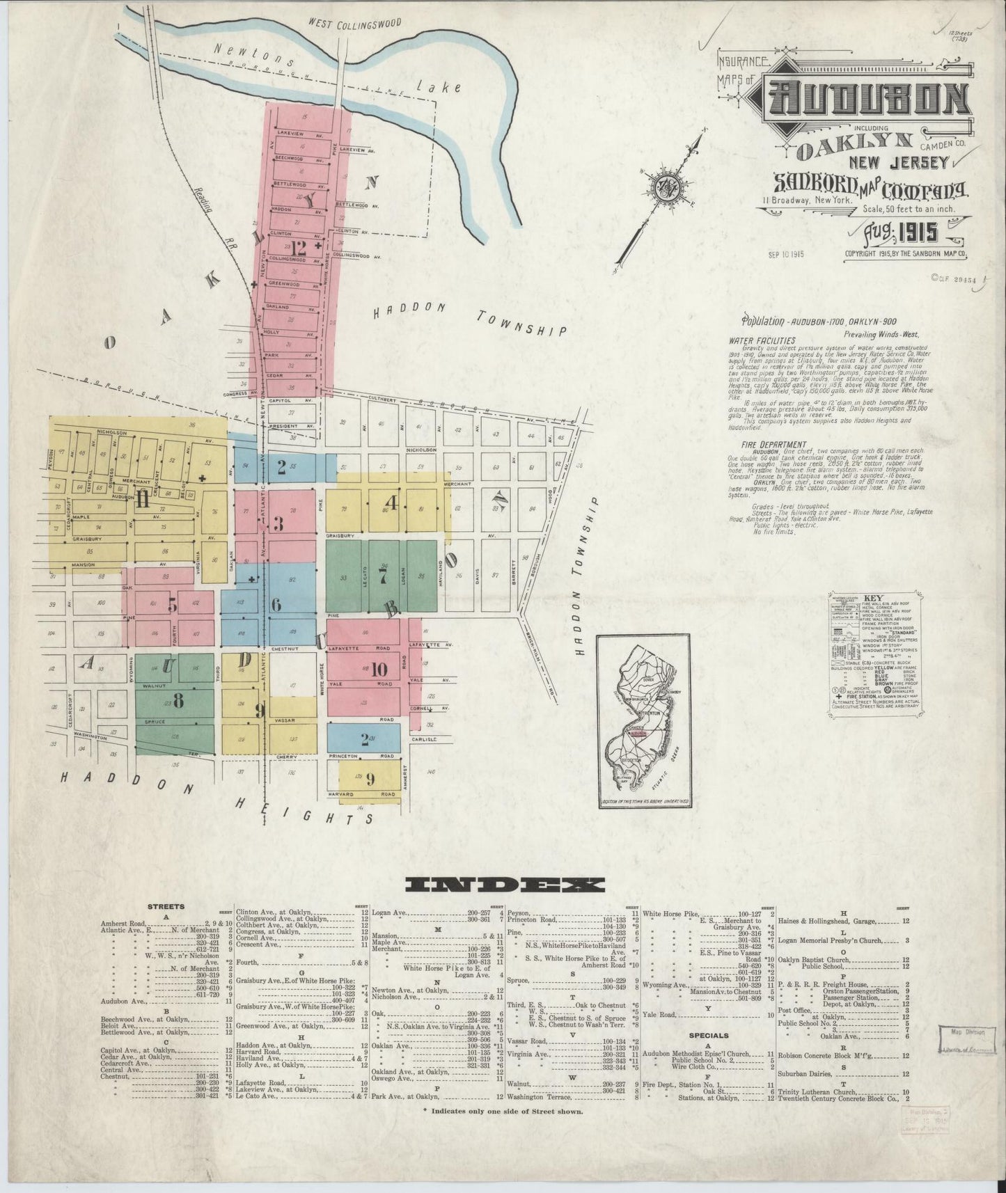 Sanborn Fire Insurance Map from Audubon, Camden County, New Jersey (1915), Sheet #0001 - Complete Map Set gallery image, historic Sanborn map, vintage wall art, New Jersey New Jersey