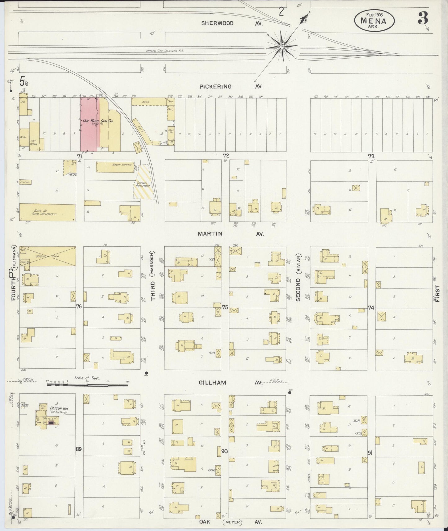 Sanborn Fire Insurance Map from Mena, Polk County, Arkansas (1908), Sheet #0003 - Complete Map Set gallery image, historic Sanborn map, vintage wall art, Arkansas Arkansas