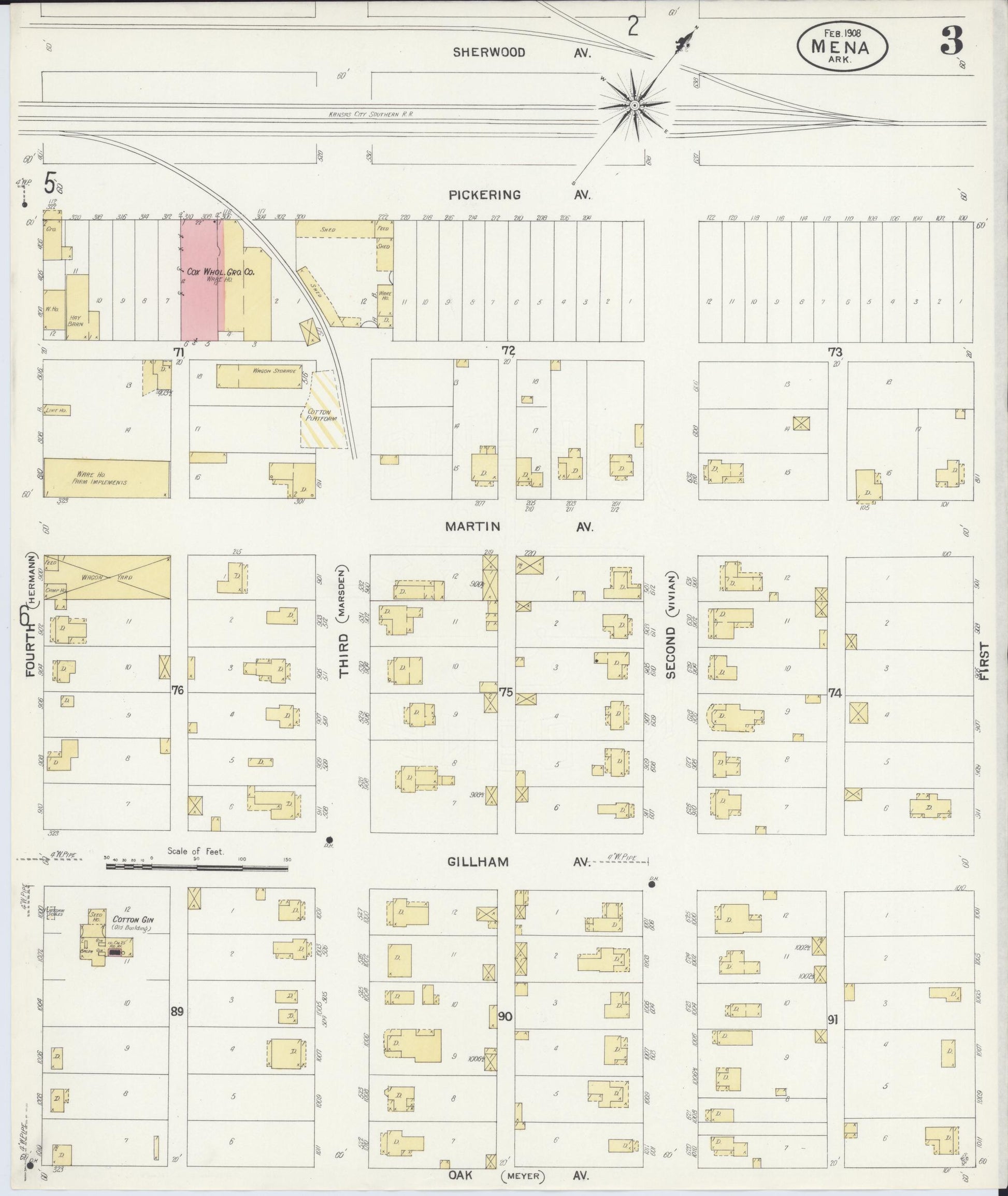 Sanborn Fire Insurance Map from Mena, Polk County, Arkansas (1908), Sheet #0003 - Complete Map Set gallery image, historic Sanborn map, vintage wall art, Arkansas Arkansas
