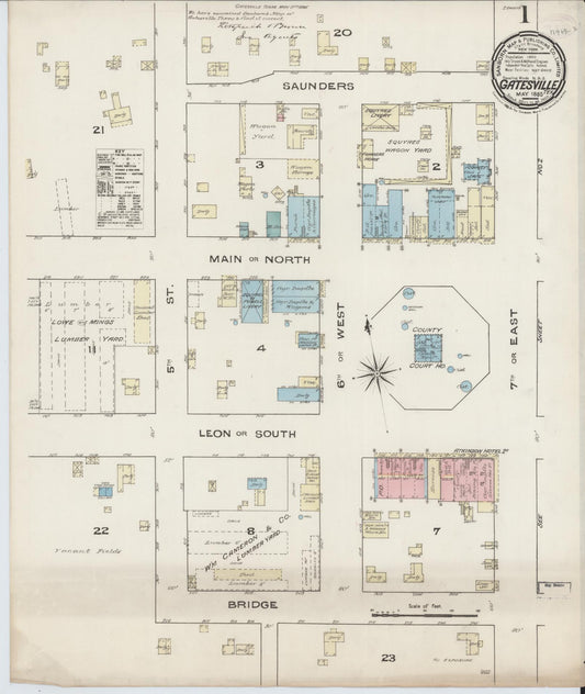 Sanborn Fire Insurance Map from Gatesville, Coryell County, Texas (1885), Sheet #0001 - Complete Map Set gallery image, historic Sanborn map, vintage wall art, Texas Texas