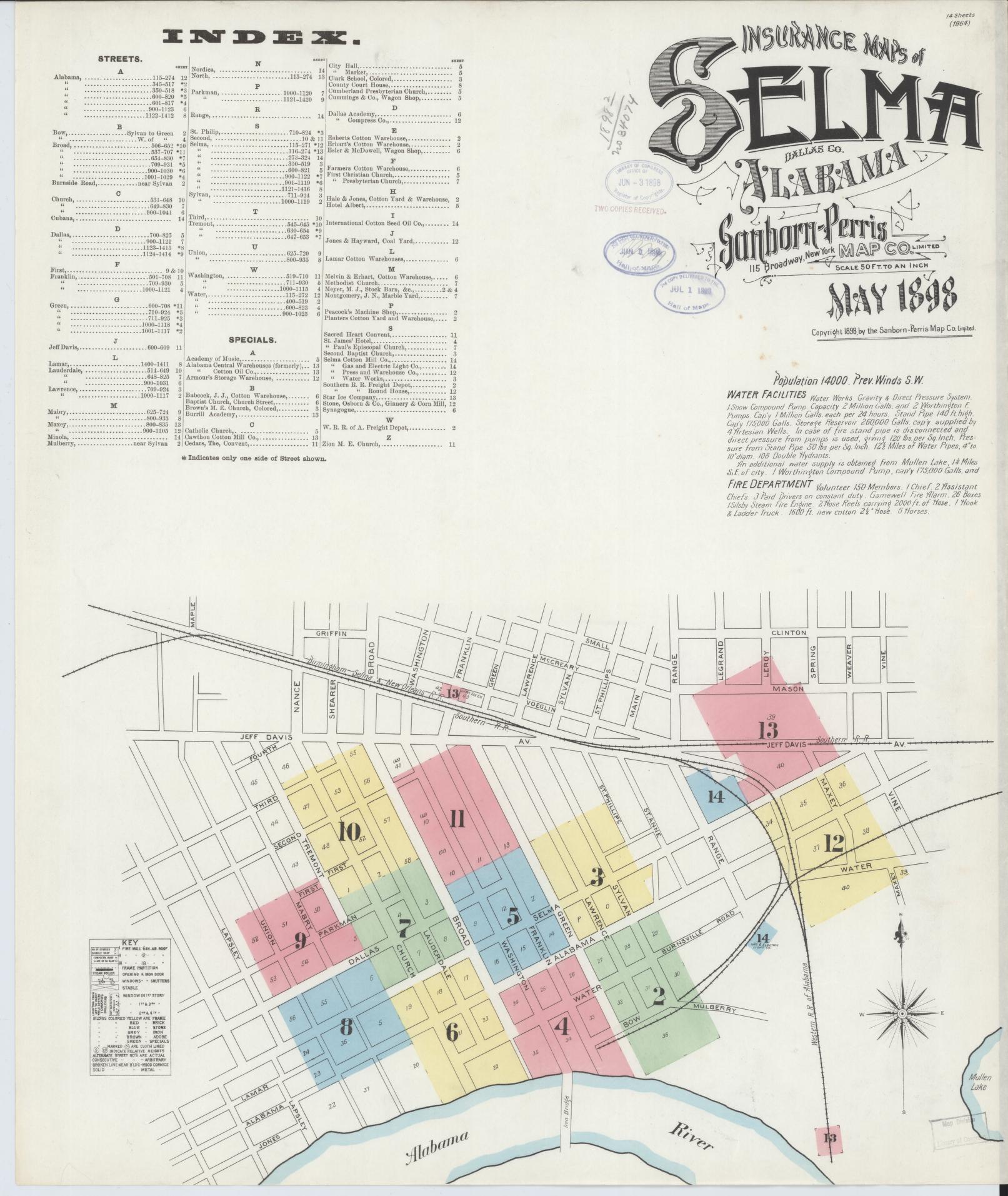 Sanborn Fire Insurance Map from Selma, Dallas County, Alabama (1898), Sheet #0001 - Historic Sanborn Fire Insurance Map Print, vintage old map wall art, antique decor, genealogy gift, Alabama Alabama map