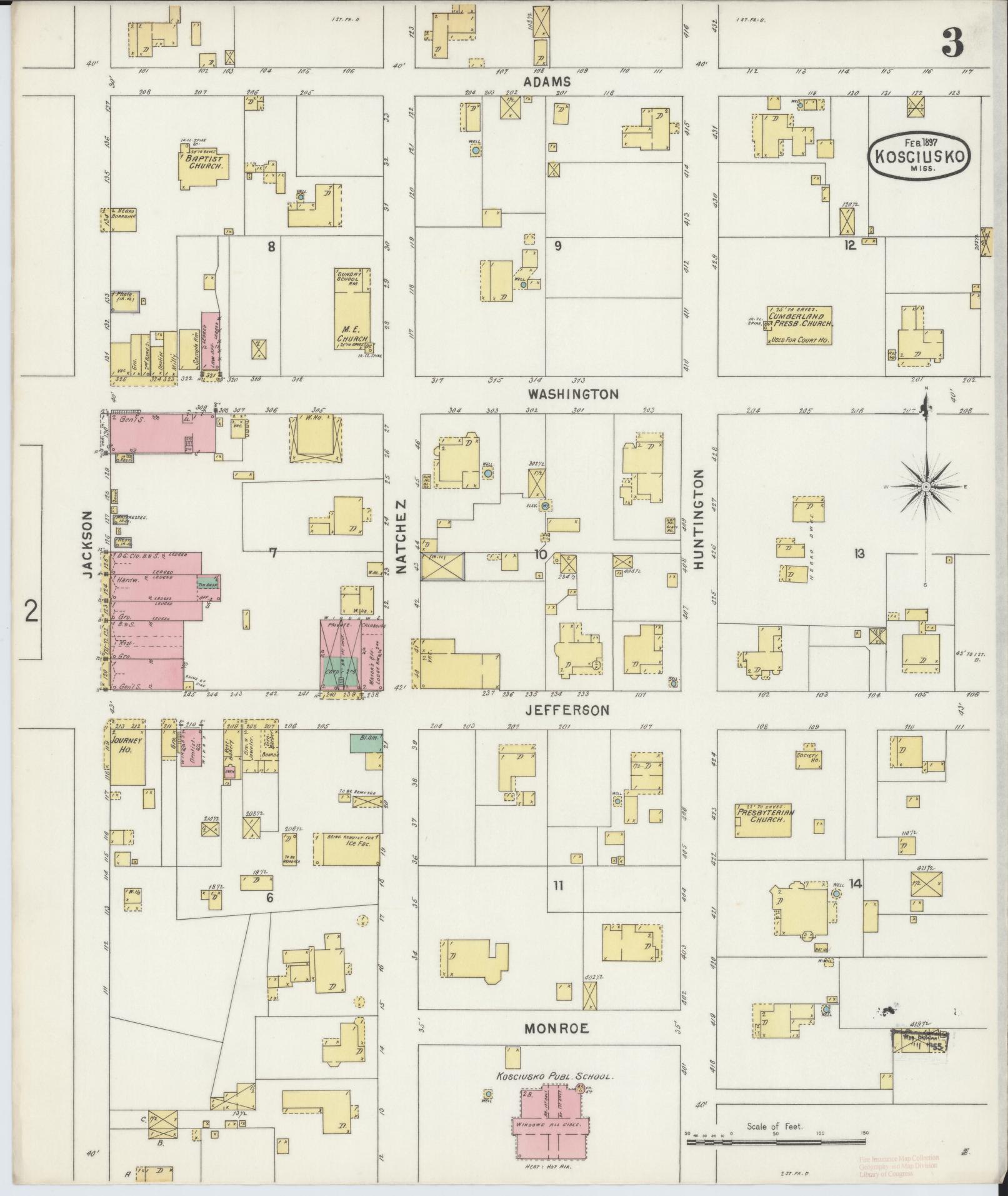 Sanborn Fire Insurance Map from Kosciusko, Attala County, Mississippi (1897), Sheet #0003 - Historic Sanborn Fire Insurance Map Print, vintage old map wall art, antique decor, genealogy gift, Mississippi Mississippi map