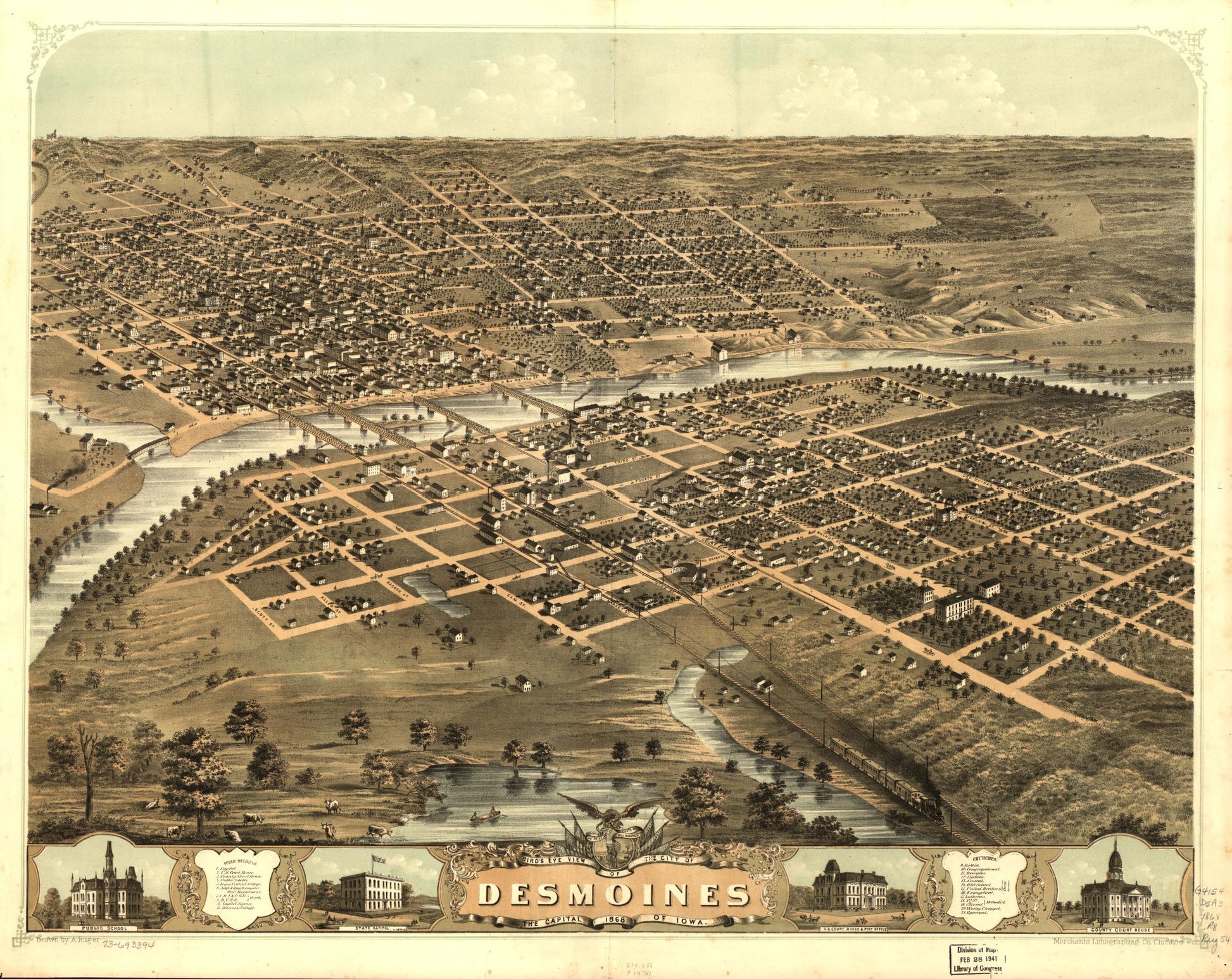 Bird's eye view of the city of Des Moines, the capital of Iowa 1868. (1868) – Historic Bird’s-Eye View Panorama Print