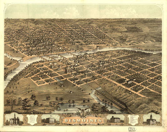 Bird's eye view of the city of Des Moines, the capital of Iowa 1868. (1868) – Historic Bird’s-Eye View Panorama Print