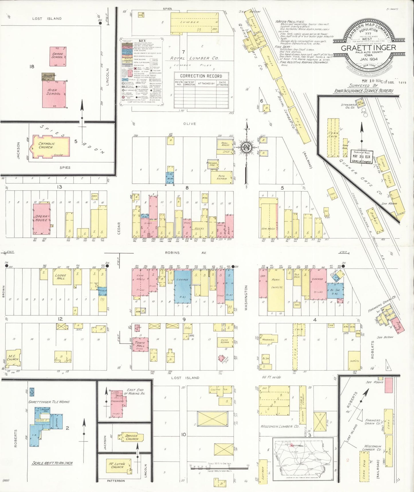 Sanborn Fire Insurance Map from Graettinger, Palo Alto County, Iowa (1934), Sheet #0001 - Historic Sanborn Fire Insurance Map Print, vintage old map wall art