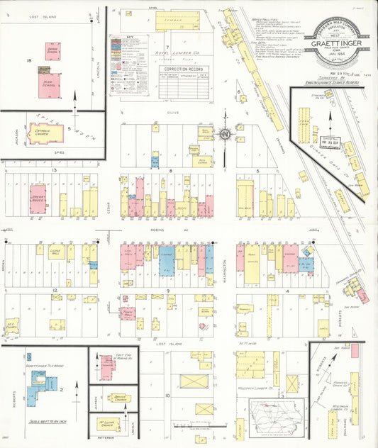 Sanborn Fire Insurance Map from Graettinger, Palo Alto County, Iowa (1934), Sheet #0001 - Historic Sanborn Fire Insurance Map Print, vintage old map wall art