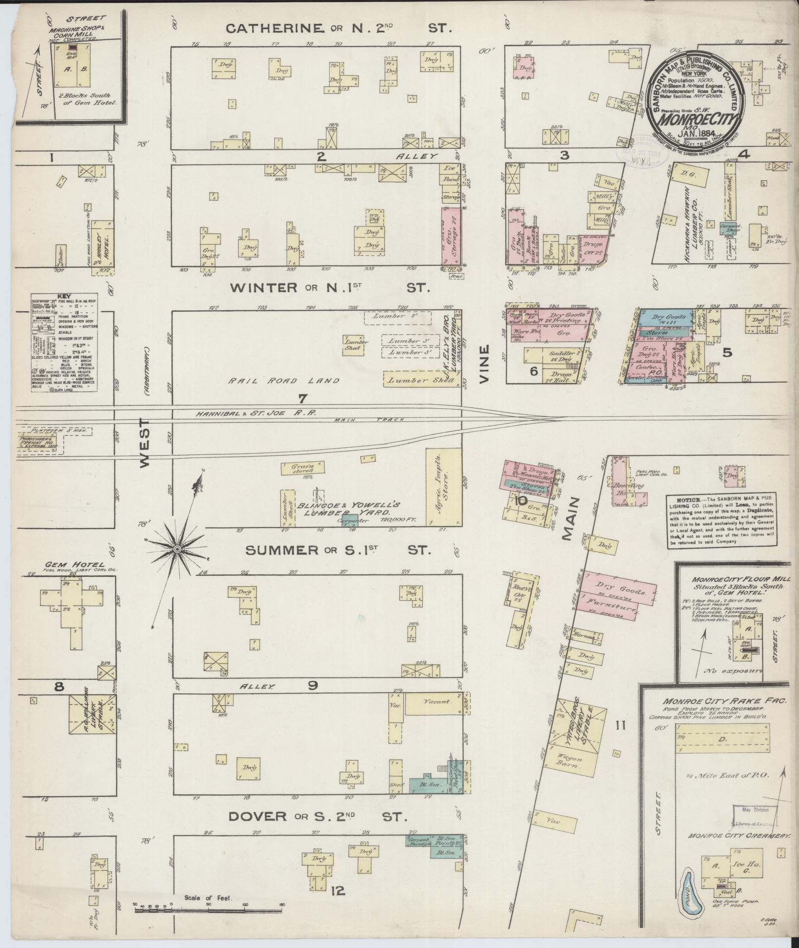 Sanborn Fire Insurance Map from Monroe City, Monroe County, Missouri (1884), Sheet #0001 - Historic Sanborn Fire Insurance Map Print, vintage old map wall art, antique decor, genealogy gift, Missouri Missouri map