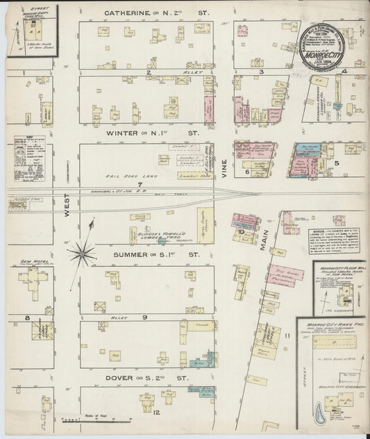 Sanborn Fire Insurance Map from Monroe City, Monroe County, Missouri (1884), Sheet #0001 - Historic Sanborn Fire Insurance Map Print, vintage old map wall art, antique decor, genealogy gift, Missouri Missouri map