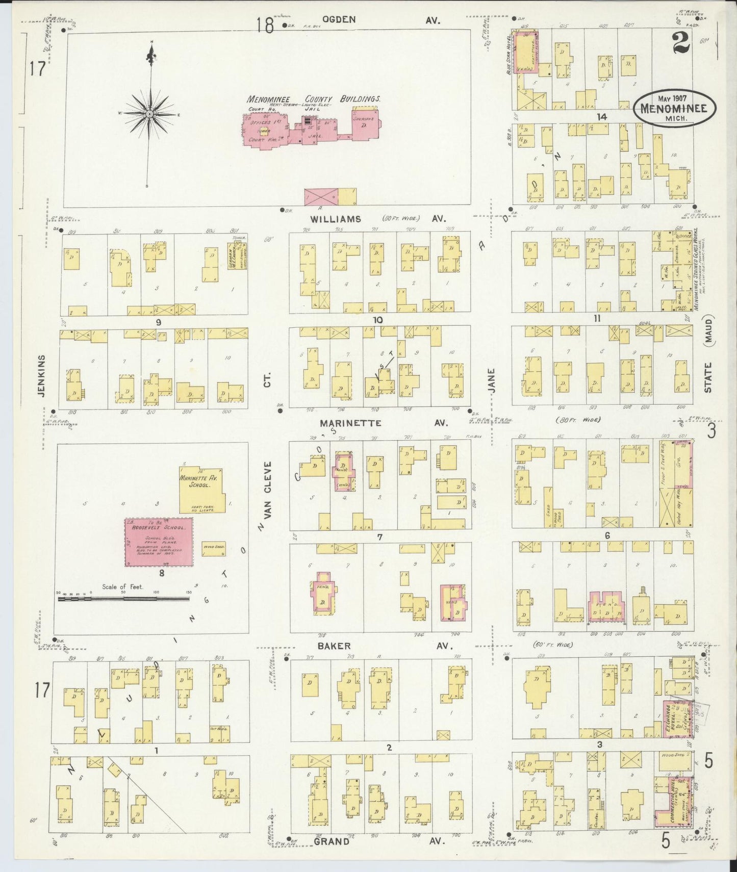 Sanborn Fire Insurance Map from Menominee, Menominee County, Michigan (1907), Sheet #0002 - Complete Map Set gallery image, historic Sanborn map, vintage wall art, Michigan Michigan