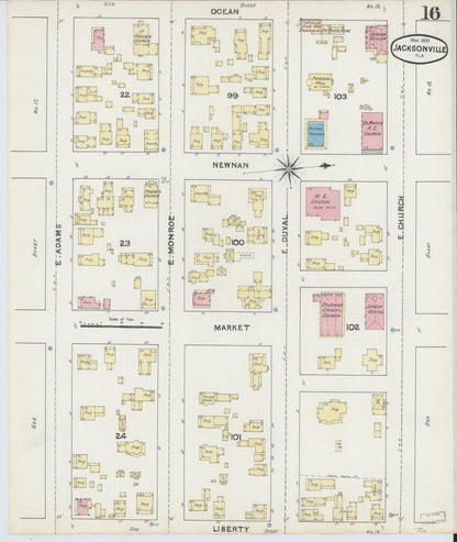 Sanborn Fire Insurance Map from Jacksonville, Duval County, Florida (1891), Sheet #0016 - Historic Sanborn Fire Insurance Map Print, vintage old map wall art, antique decor, genealogy gift, Florida Florida map