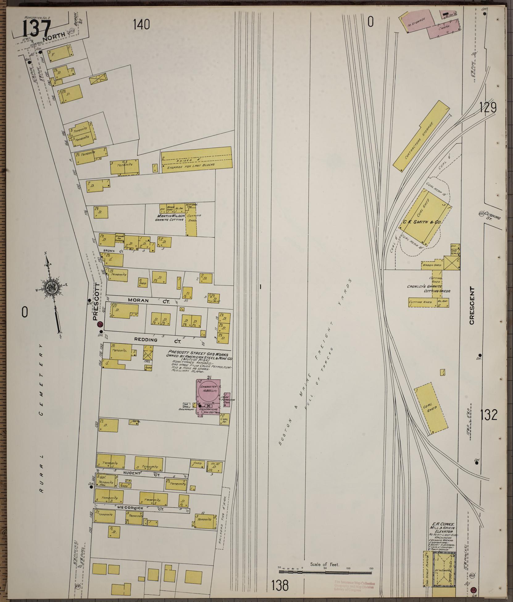 Sanborn Fire Insurance Map from Worcester, Worcester County, Massachusetts (1910), Sheet #0137 - Historic Sanborn Fire Insurance Map Print, vintage old map wall art, antique decor, genealogy gift, Massachusetts Massachusetts map