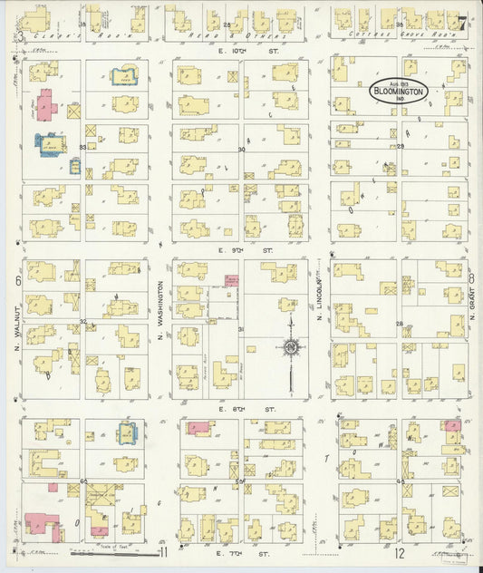 Sanborn Fire Insurance Map from Bloomington, Monroe County, Indiana (1913), Sheet #0007 - Historic Sanborn Fire Insurance Map Print, vintage old map wall art, antique decor, genealogy gift, Indiana Indiana map