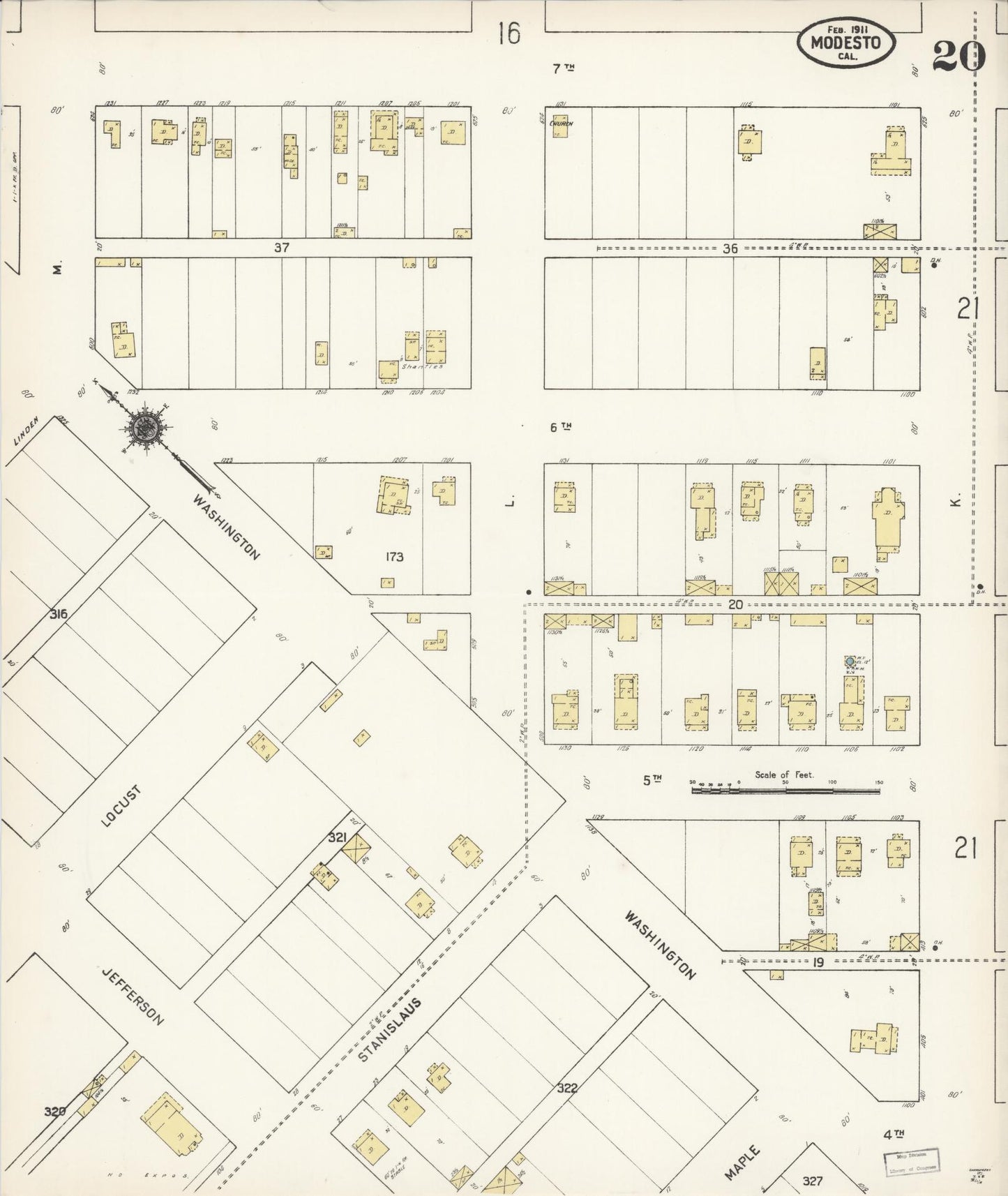 Sanborn Fire Insurance Map from Modesto, Stanislaus County, California (1911), Sheet #0020 - Complete Map Set gallery image, historic Sanborn map, vintage wall art, California California