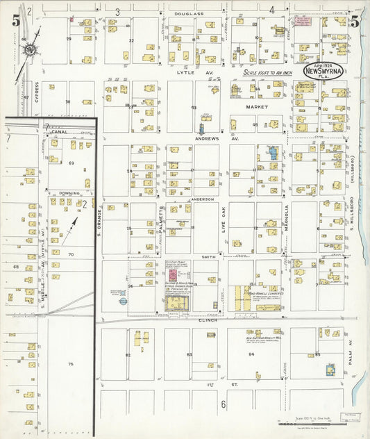 Sanborn Fire Insurance Map from New Smyrna, Valusia County, Florida (1924), Sheet #0005 - Historic Sanborn Fire Insurance Map Print, vintage old map wall art, antique decor, genealogy gift, Florida Florida map