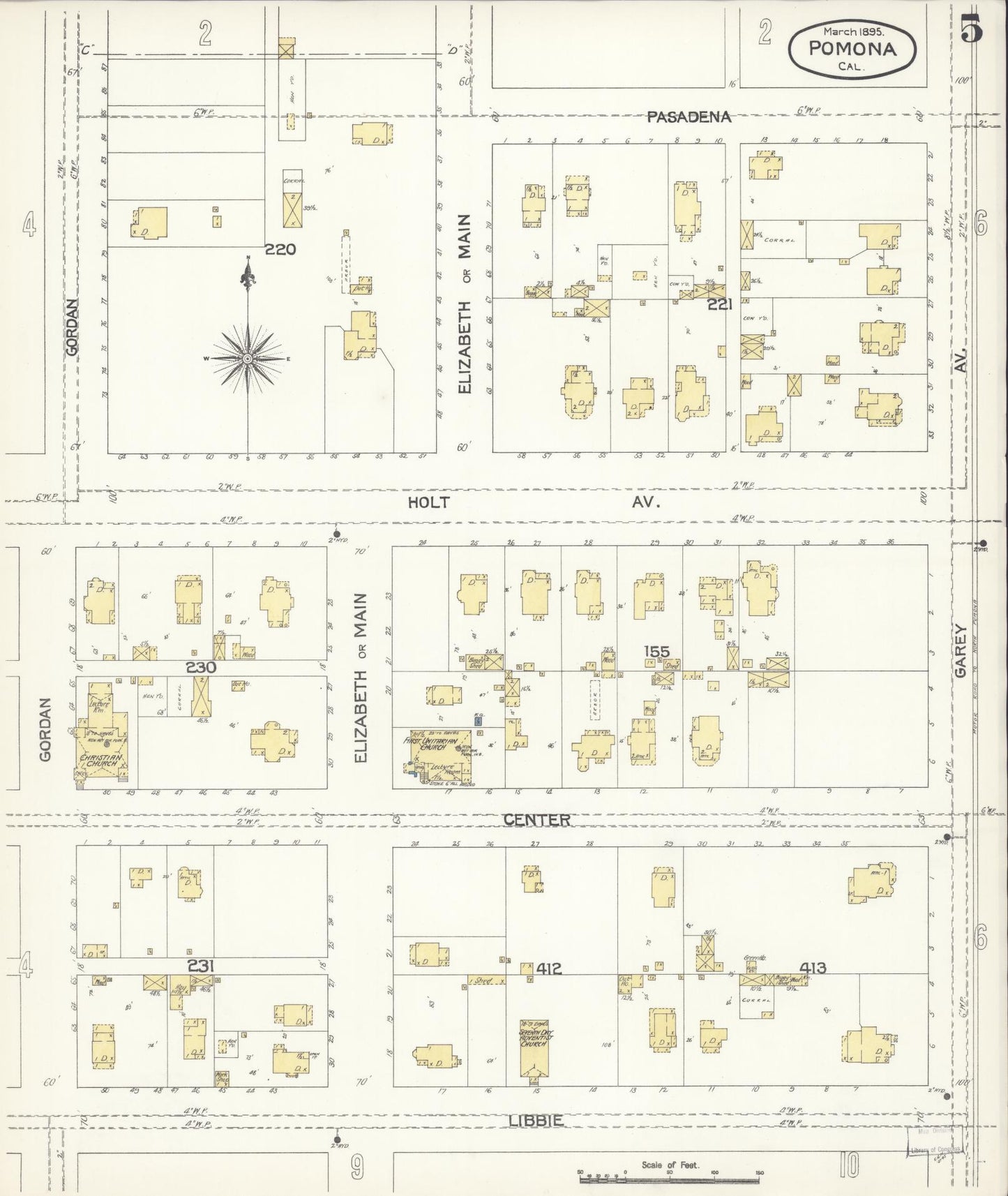 Sanborn Fire Insurance Map from Pomona, Los Angeles County, California (1895), Sheet #0005 - Complete Map Set gallery image, historic Sanborn map, vintage wall art, California California