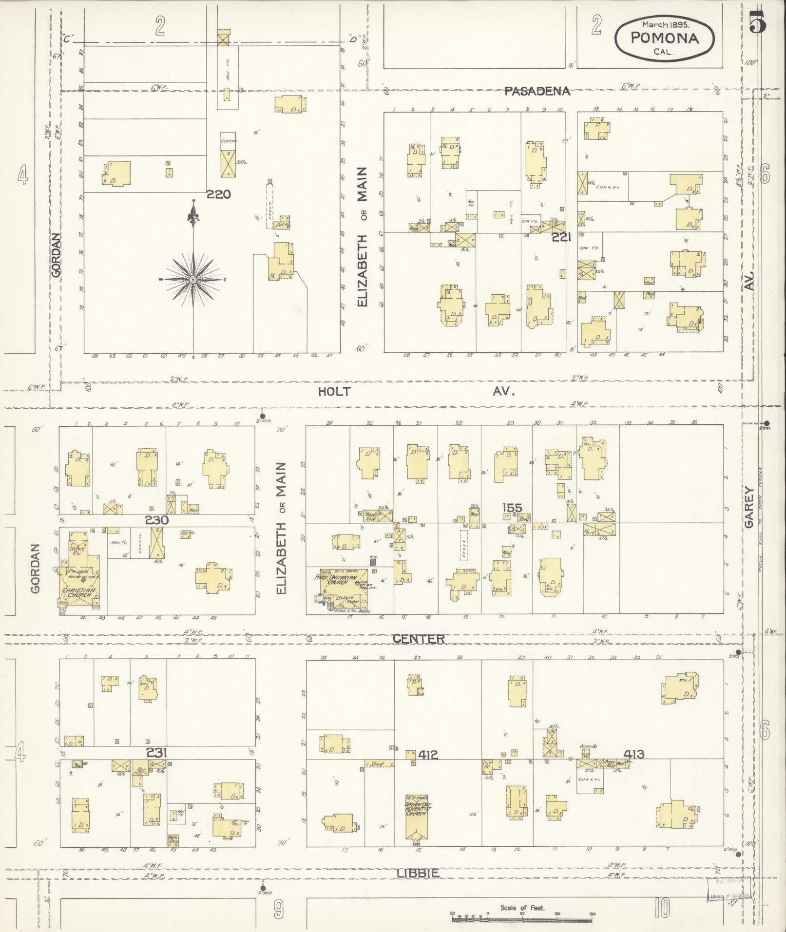 Sanborn Fire Insurance Map from Pomona, Los Angeles County, California (1895), Sheet #0005 - Complete Map Set gallery image, historic Sanborn map, vintage wall art, California California