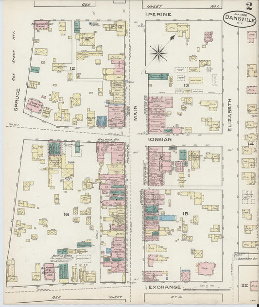 Sanborn Fire Insurance Map from Dansville, Livingston County, New York (1886), Sheet #0002 - Historic Sanborn Fire Insurance Map Print, vintage old map wall art, antique decor, genealogy gift, New York New York map