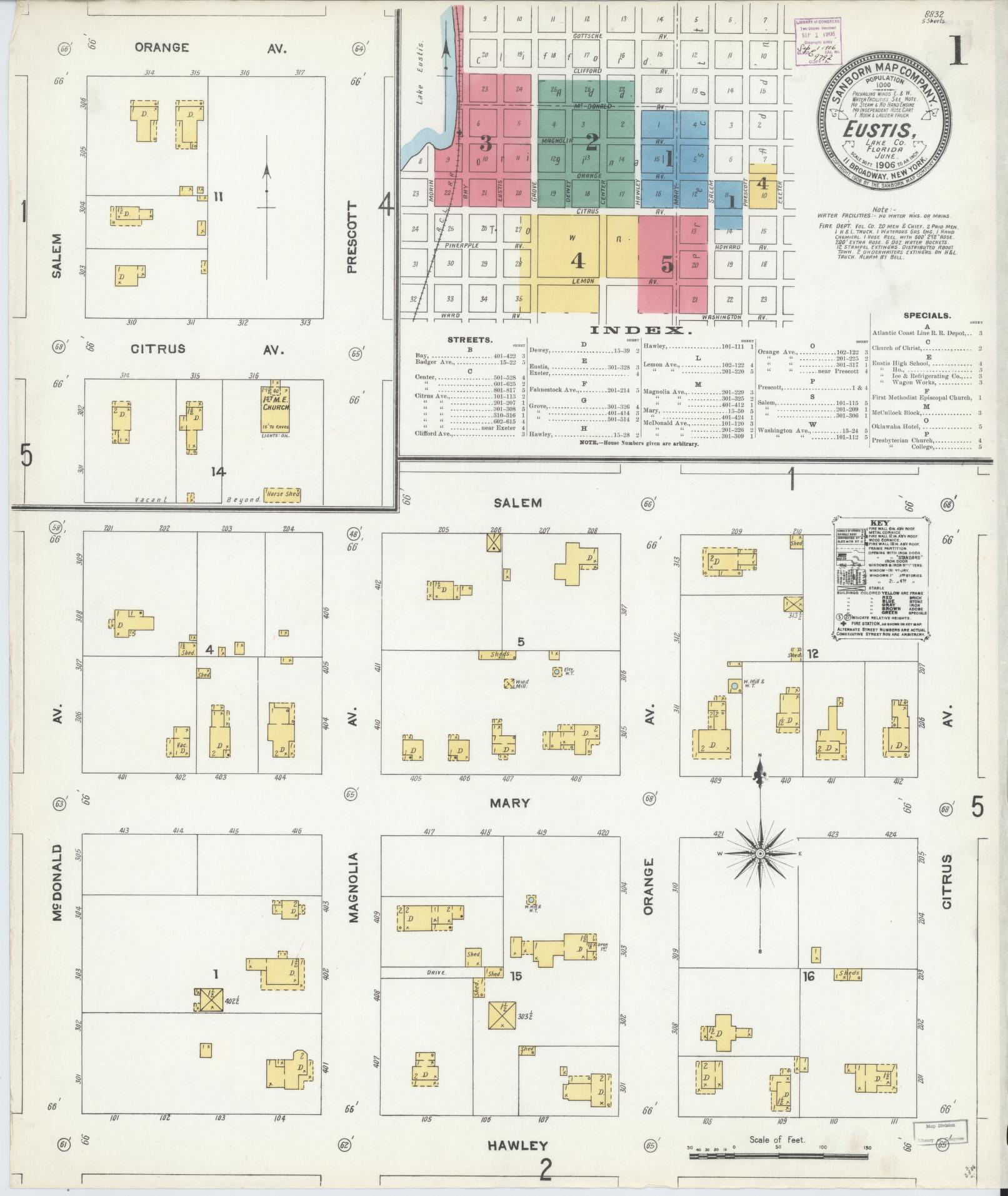 Sanborn Fire Insurance Map from Eustis, Lake County, Florida (1906), Sheet #0001 - Historic Sanborn Fire Insurance Map Print, vintage old map wall art, antique decor, genealogy gift, Florida Florida map