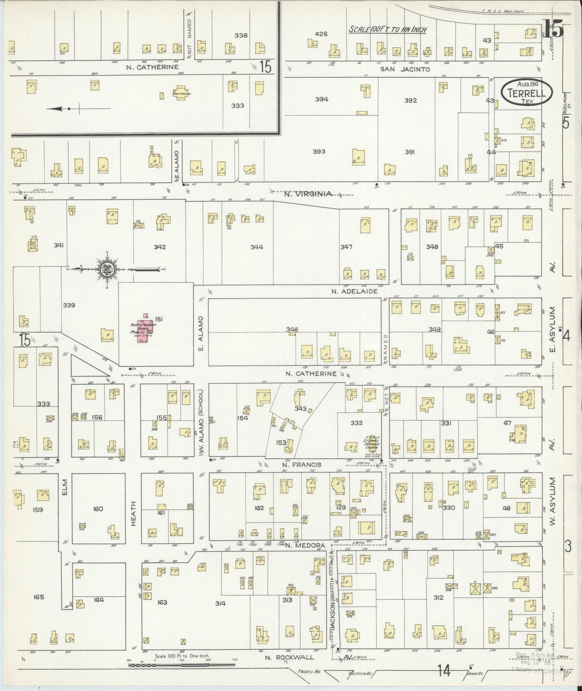 Sanborn Fire Insurance Map from Terrell, Kaufman County, Texas (1914), Sheet #0015 - Historic Sanborn Fire Insurance Map Print, vintage old map wall art, antique decor, genealogy gift, Texas Texas map