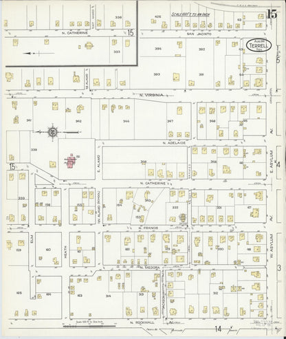 Sanborn Fire Insurance Map from Terrell, Kaufman County, Texas (1914), Sheet #0015 - Historic Sanborn Fire Insurance Map Print, vintage old map wall art, antique decor, genealogy gift, Texas Texas map