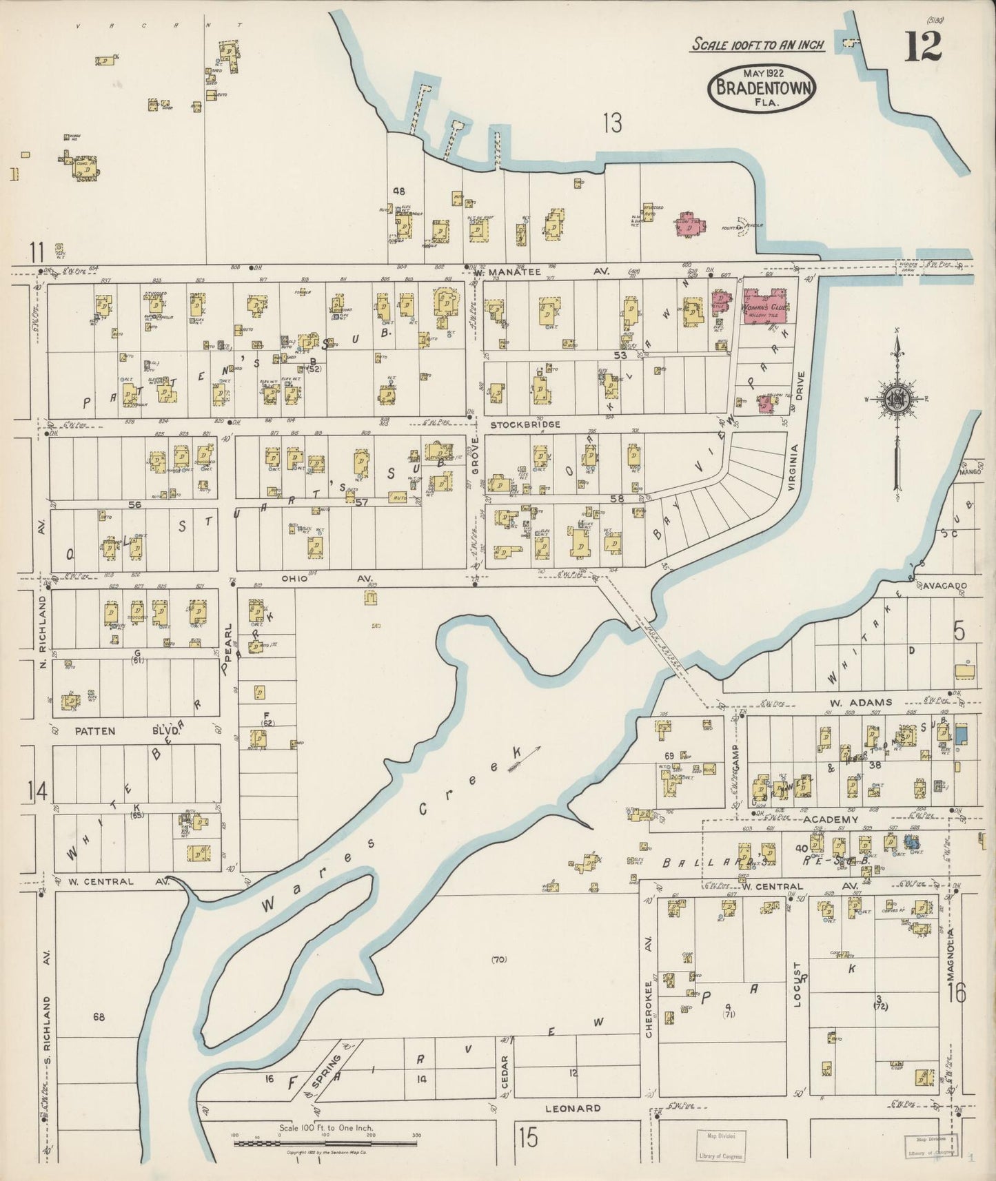 Sanborn Fire Insurance Map from Bradentown, Manatee County, Florida (1922), Sheet #0012 - Complete Map Set gallery image, historic Sanborn map, vintage wall art, Florida Florida