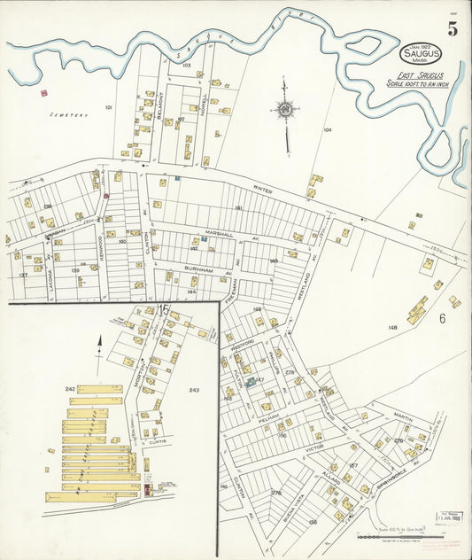 Sanborn Fire Insurance Map from Saugus, Essex County, Massachusetts (1922), Sheet #0005 - Historic Sanborn Fire Insurance Map Print, vintage old map wall art, antique decor, genealogy gift, Massachusetts Massachusetts map