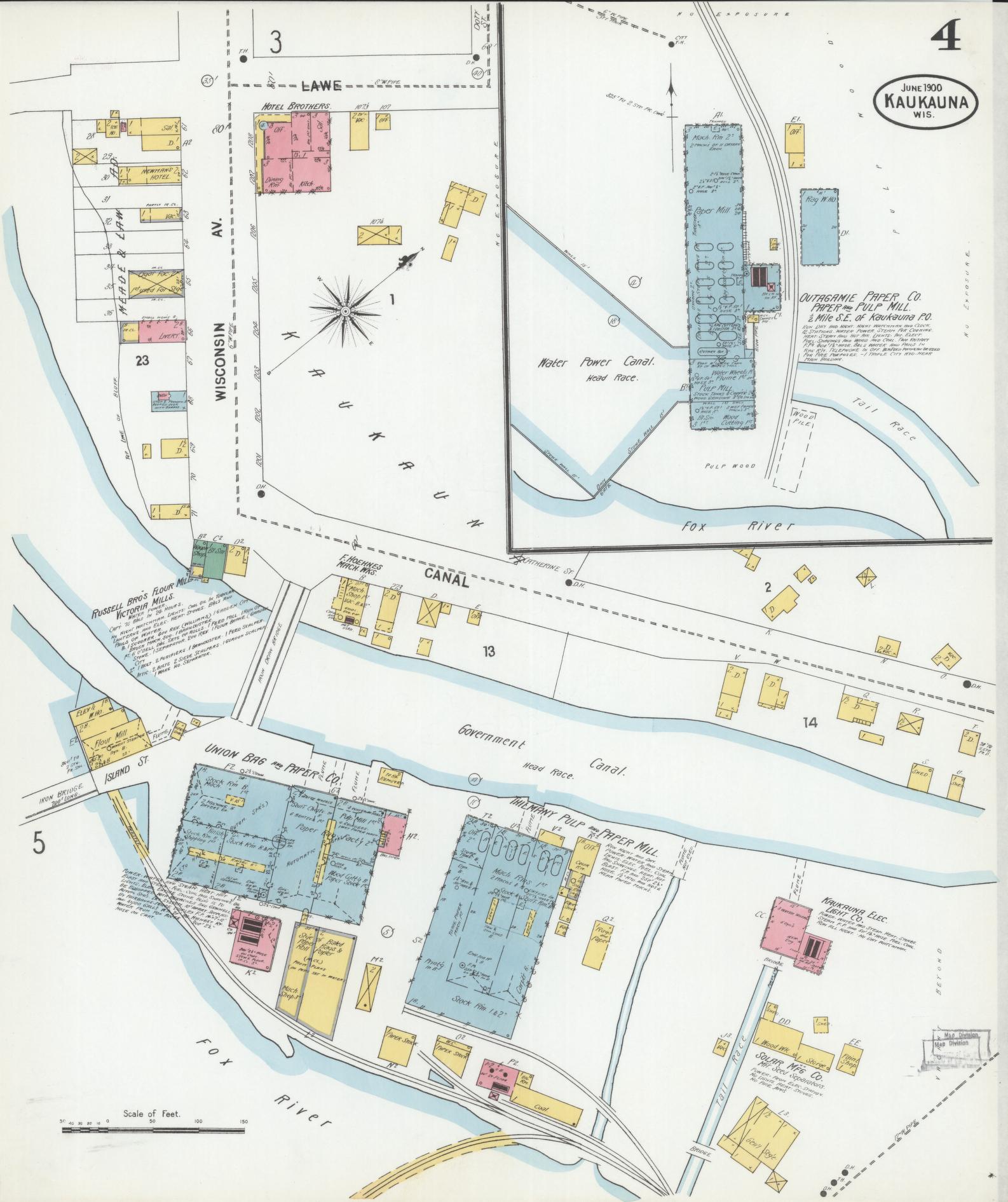 Sanborn Fire Insurance Map from Kaukauna, Outagamie County, Wisconsin (1900), Sheet #0004 - Historic Sanborn Fire Insurance Map Print, vintage old map wall art, antique decor, genealogy gift, Wisconsin Wisconsin map