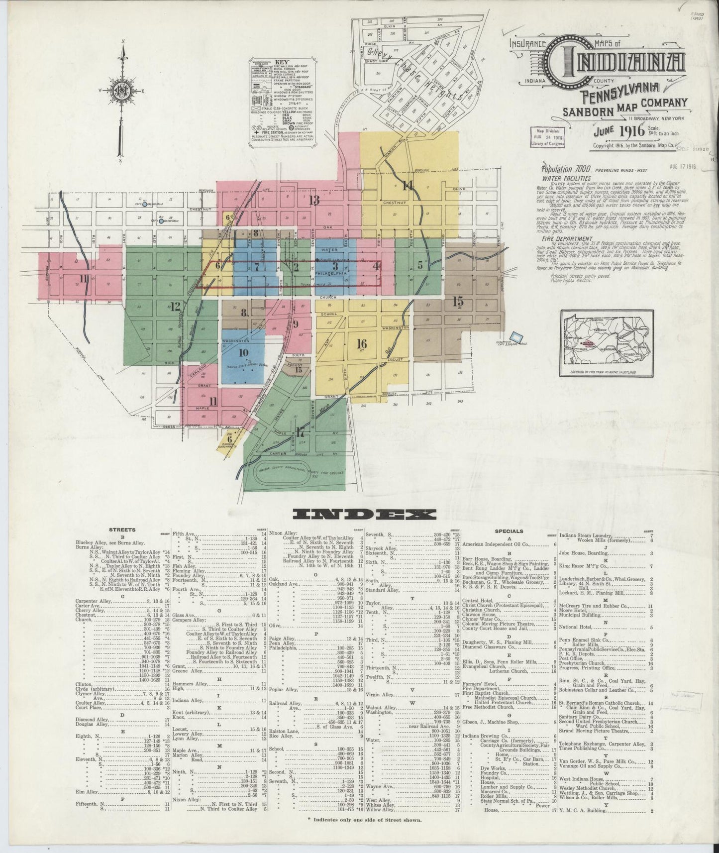 Sanborn Fire Insurance Map from Indiana, Indiana County, Pennsylvania (1916), Sheet #0001 - Historic Sanborn Fire Insurance Map Print, vintage old map wall art, antique decor, genealogy gift, Sanborn Fire Insurance Map from Indiana Indiana map